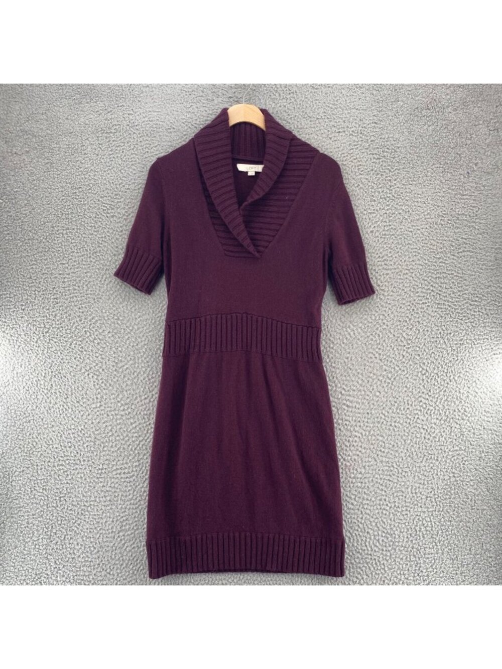 LOFT Dress Womens M Burgundy Wool Cotton Blend Sweater Shawl V Neck Ribbed Knit